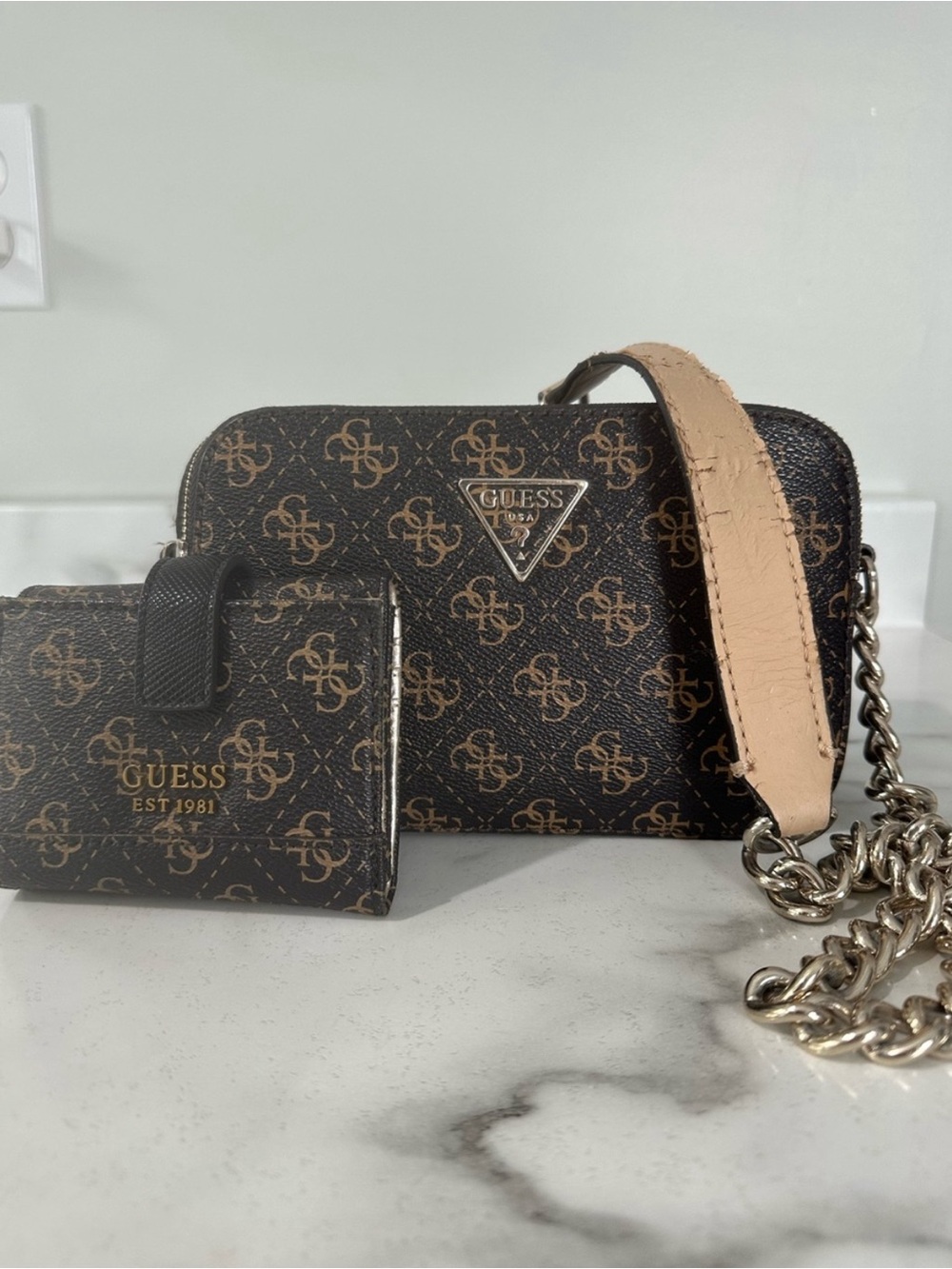 GUESS Two-Toned Brown Monogram Crossbody with Strap & Matching Wallet